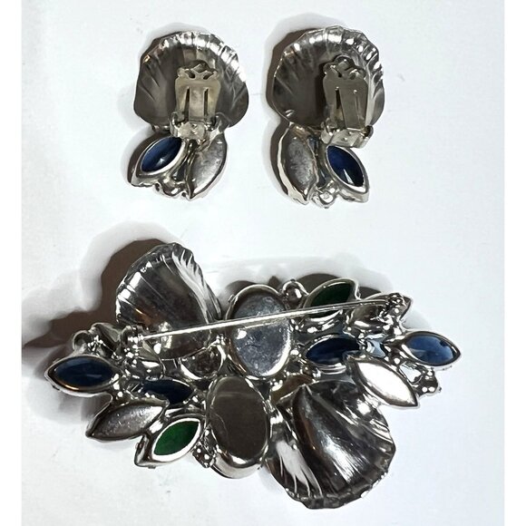 Juliana D&E Blue Green Rhinestones Brooch Earrings Set Molded Navettes #1748 - Picture 5 of 10